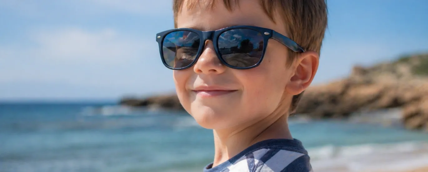 Dziecko w okularach przeciwsłonecznych z filtrem UV stoi na plaży w słoneczny dzień i chroni oczy przed promieniowaniem.