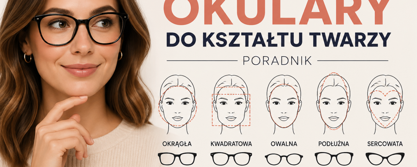Infografika pokazująca jak dobrać okulary do kształtu twarzy z przykładami twarzy okrągłej, kwadratowej, owalnej, podłużnej i sercowatej.