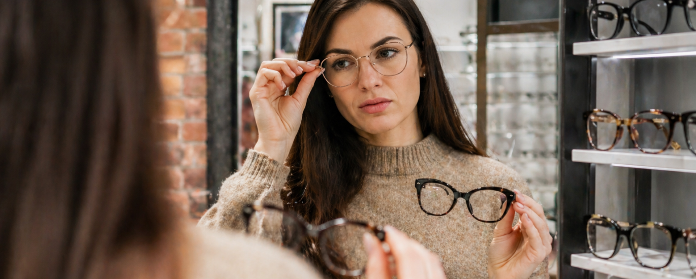 Kobieta przymierza damskie okulary przed lustrem w salonie optycznym i porównuje dwa modele oprawek.