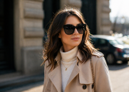 Kobieta w modnych okularach przeciwsłonecznych oversize spaceruje ulicą w słoneczny dzień i prezentuje stylową stylizację miejską.