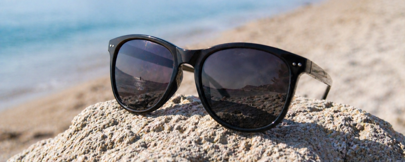 Okulary przeciwsłoneczne na kamieniu na plaży w słoneczny dzień z widokiem na morze w tle.