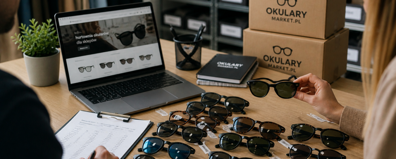 Wybór okularów do sklepu – analiza oferty hurtowej przy laptopie i próbkach modeli okularów na biurku.