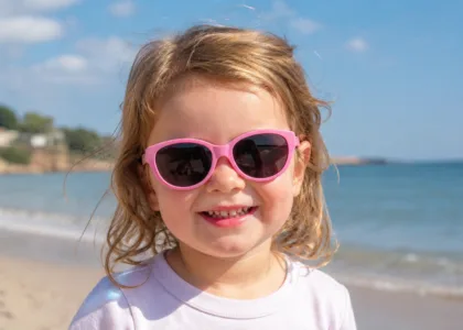 Uśmiechnięte dziecko w różowych okularach przeciwsłonecznych na słonecznej plaży