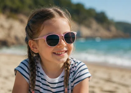 Dziewczynka w okularach przeciwsłonecznych UV400 na plaży w słoneczny dzień