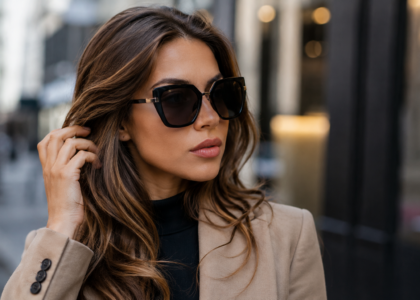 Elegancka kobieta w modnych damskich okularach przeciwsłonecznych w miejskiej stylizacji