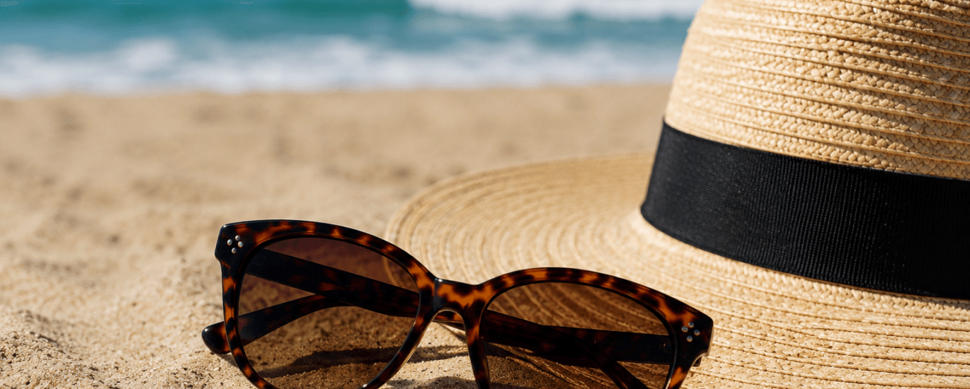 Okulary przeciwsłoneczne na plaży obok kapelusza podczas słonecznych wakacji nad morzem