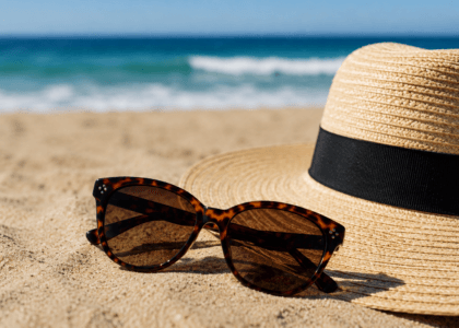 Okulary przeciwsłoneczne na plaży obok kapelusza podczas słonecznych wakacji nad morzem