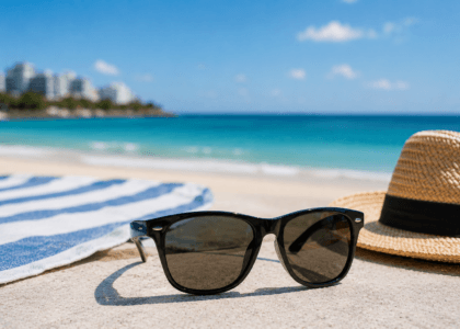 Czarne okulary przeciwsłoneczne na plaży obok kapelusza i ręcznika