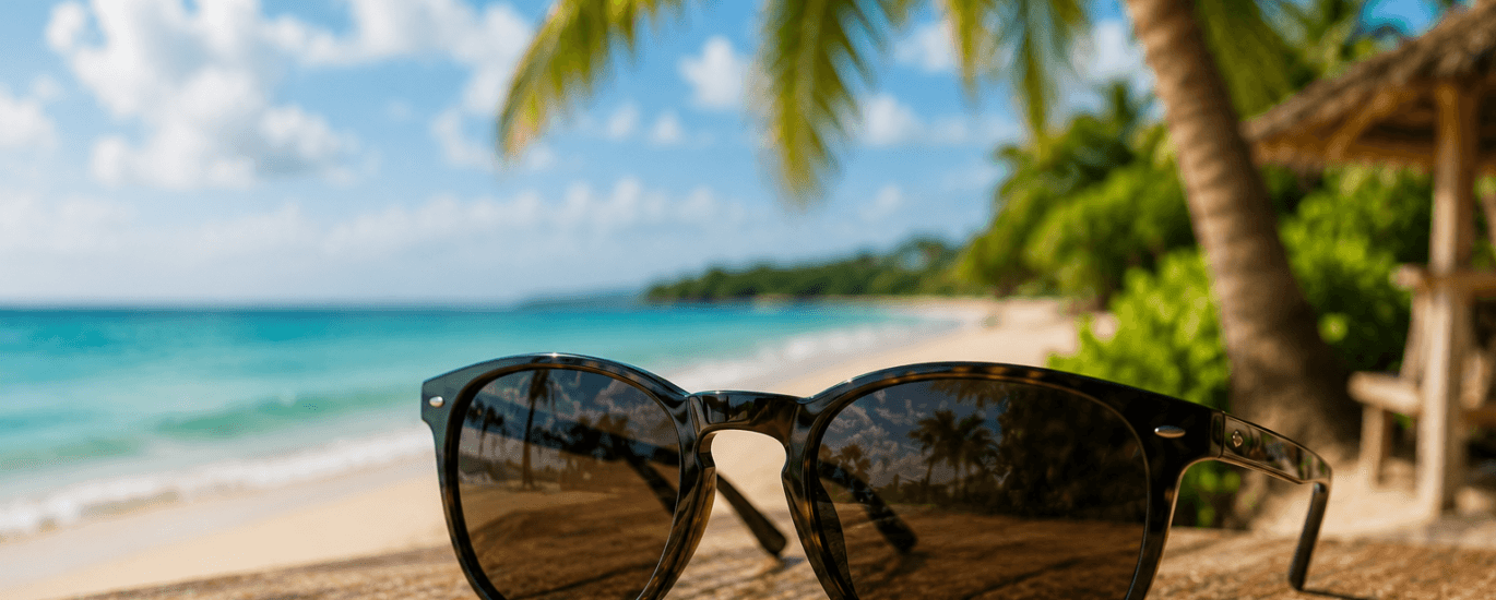Okulary przeciwsłoneczne na drewnianym stole na tropikalnej plaży z palmami i turkusowym morzem w tle