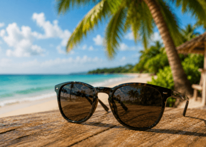 Okulary przeciwsłoneczne na drewnianym stole na tropikalnej plaży z palmami i turkusowym morzem w tle